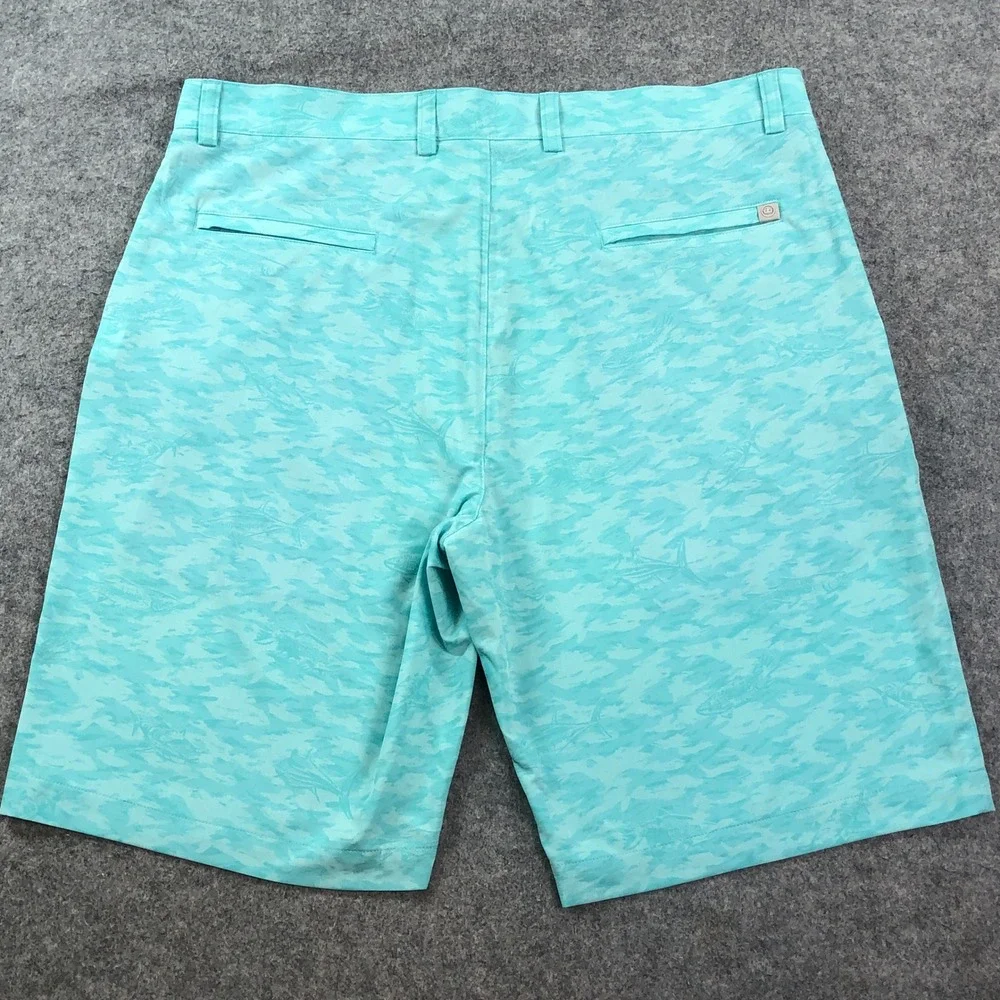 Peter Millar Mens Golf Shorts 36x10 Teal Green-Blue Fish Shark Camo Performance